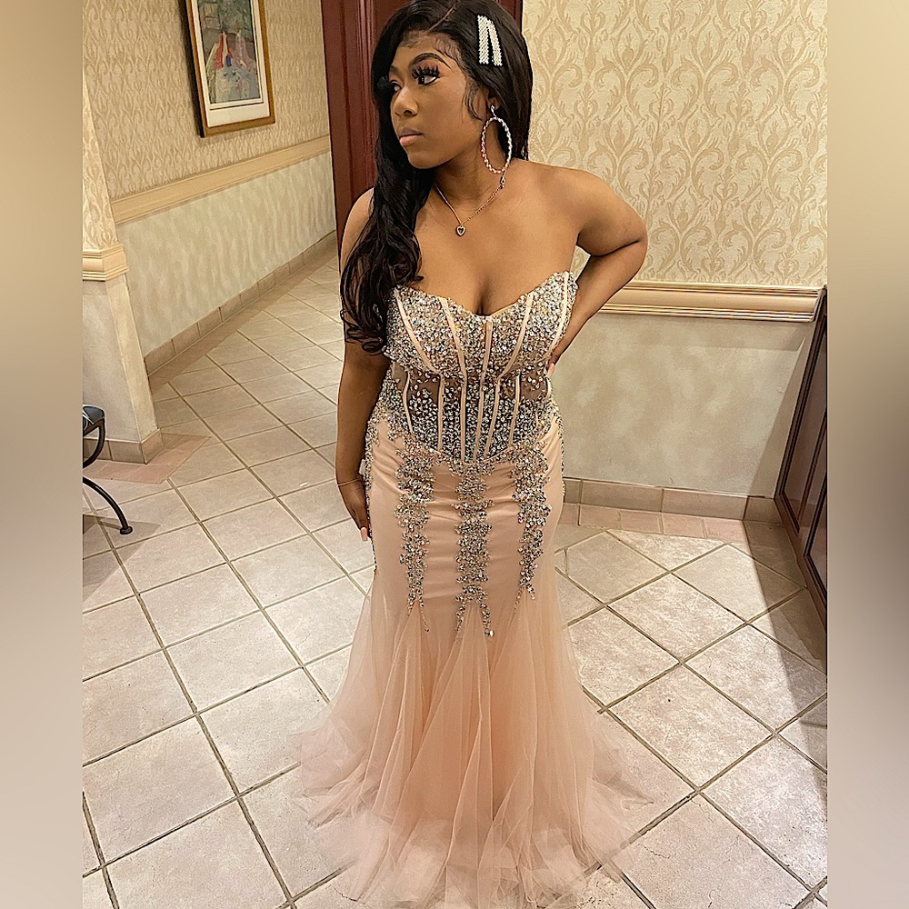 Neal pink and silver diamond shoulder prom gown